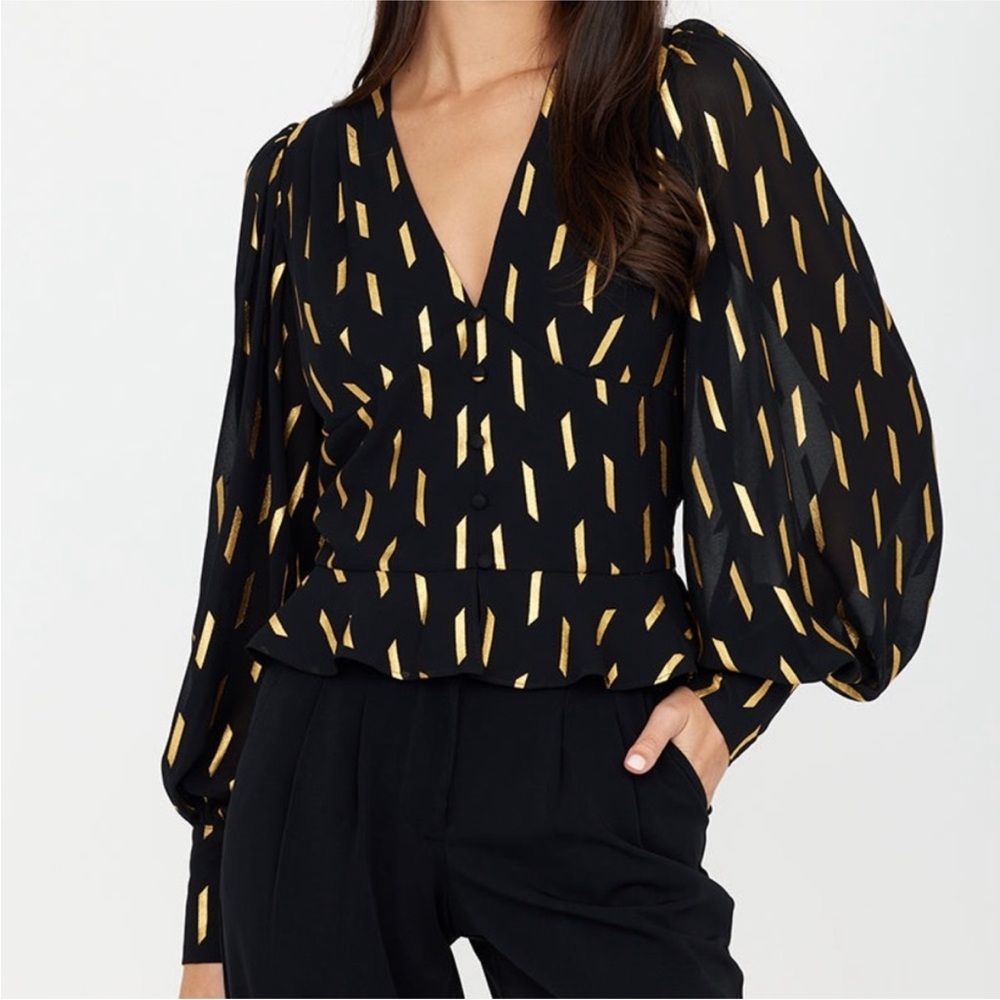 Yumi Kim Jodi Black Gold Metallic Foil Peplum Blouse NWT XL